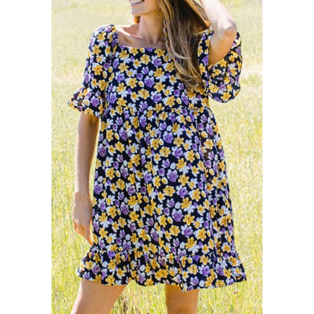 Purple and yellow boho floral square neck flounce sleeve tiered tunic dress